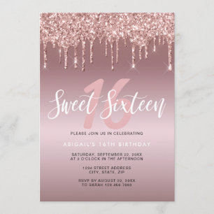 Elegant rose gold glitter drips sweet sixteen invitation