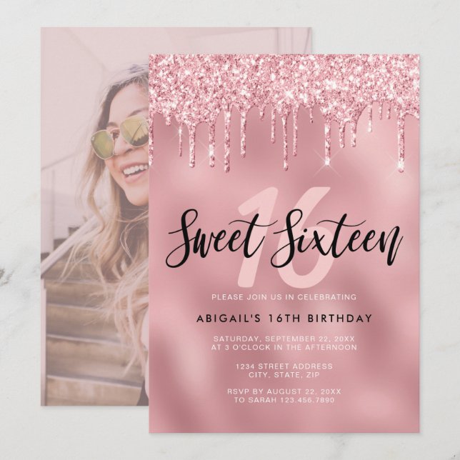 Elegant rose gold glitter drips sweet sixteen invitation (Front/Back)