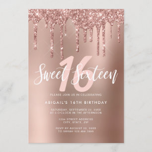 Elegant rose gold glitter drips sweet sixteen invitation