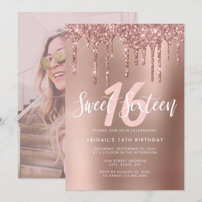 Elegant rose gold glitter drips sweet sixteen invitation (Front/Back)