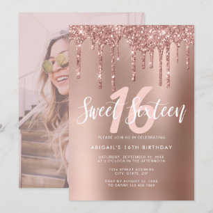 Elegant rose gold glitter drips sweet sixteen invitation