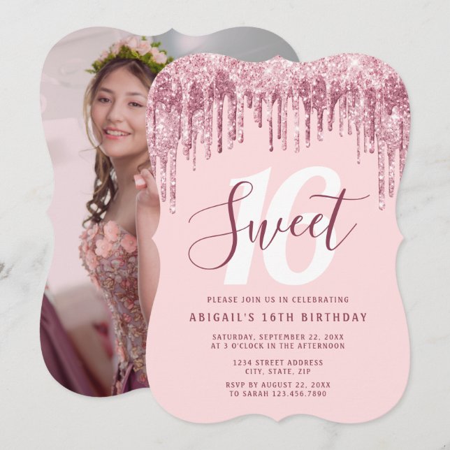 Elegant rose gold glitter drips sweet sixteen  invitation (Front/Back)