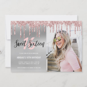 Elegant rose gold glitter drips sweet sixteen invitation