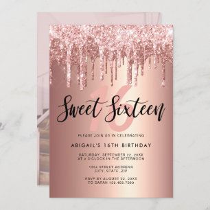 Elegant rose gold glitter drips sweet sixteen invitation