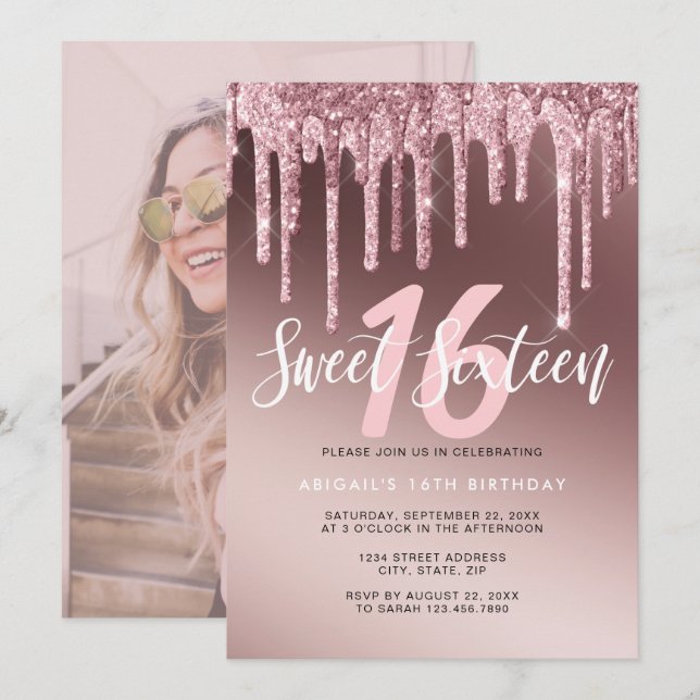 Elegant rose gold glitter drips sweet sixteen invitation (Front/Back)
