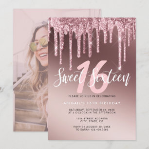 Elegant rose gold glitter drips sweet sixteen invitation