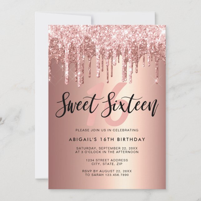 Elegant rose gold glitter drips sweet sixteen invitation (Front)