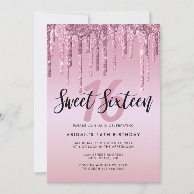 Elegant rose gold glitter drips sweet sixteen invitation (Front)