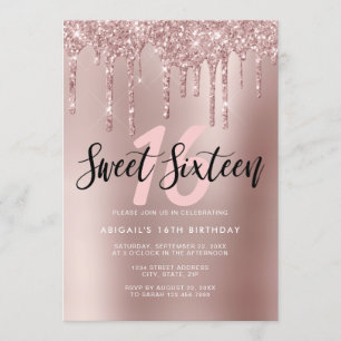 Elegant rose gold glitter drips sweet sixteen invitation
