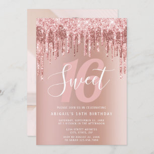 Elegant rose gold glitter drips sweet sixteen invitation