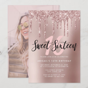 Elegant rose gold glitter drips sweet sixteen invitation