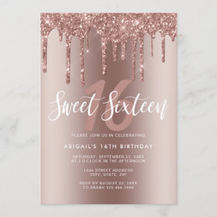 Elegant rose gold glitter drips sweet sixteen invitation