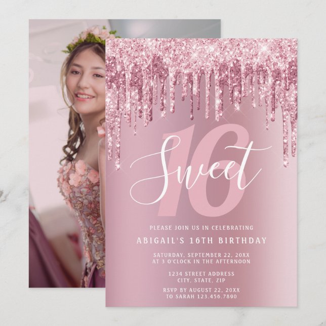 Elegant rose gold glitter drips sweet sixteen invitation (Front/Back)