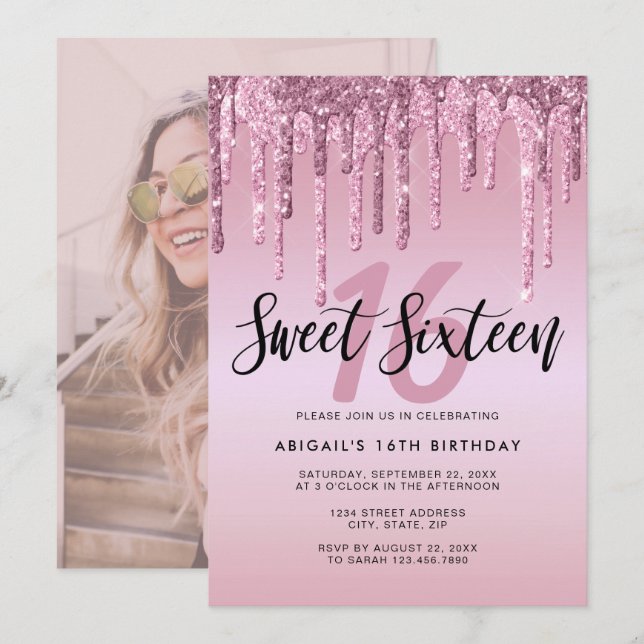Elegant rose gold glitter drips sweet sixteen invitation (Front/Back)