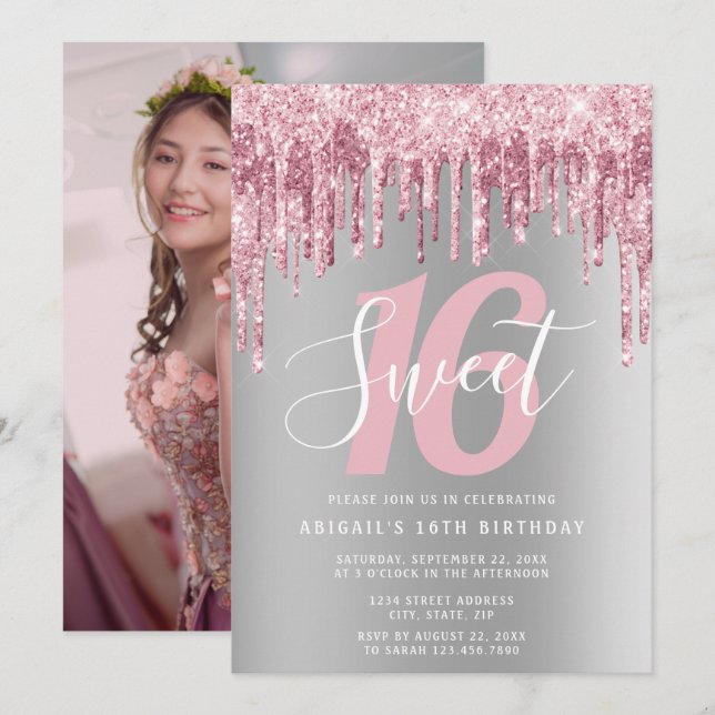 Elegant rose gold glitter drips sweet sixteen invitation (Front/Back)