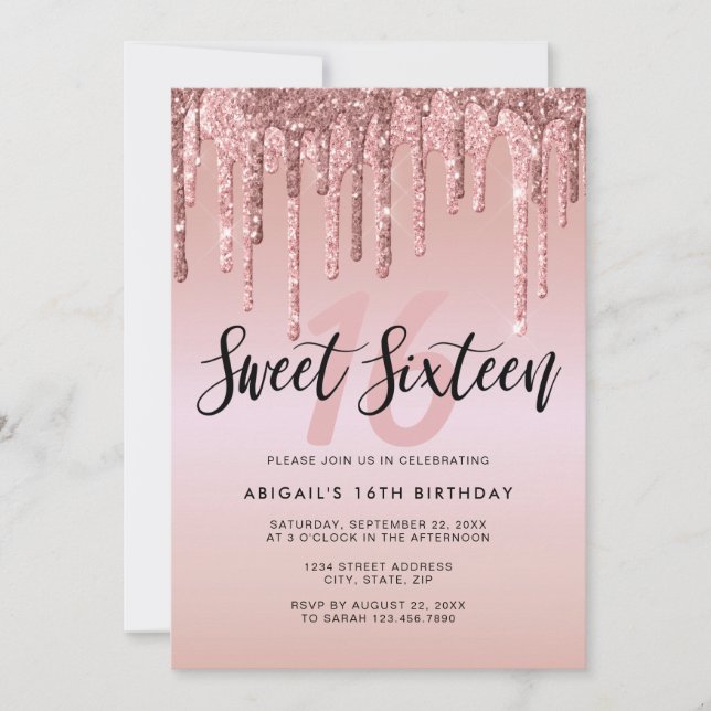 Elegant rose gold glitter drips sweet sixteen invitation (Front)