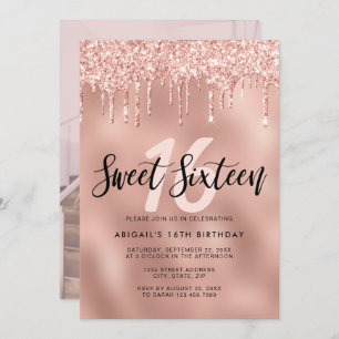 Elegant rose gold glitter drips sweet sixteen invitation