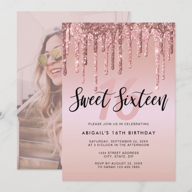Elegant rose gold glitter drips sweet sixteen invitation (Front/Back)