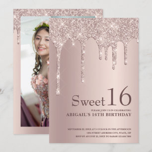 Elegant rose gold glitter drips sweet sixteen invitation