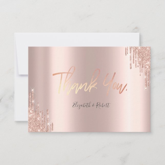Elegant Rose Gold Glitter Drips Thank You Card (Front)