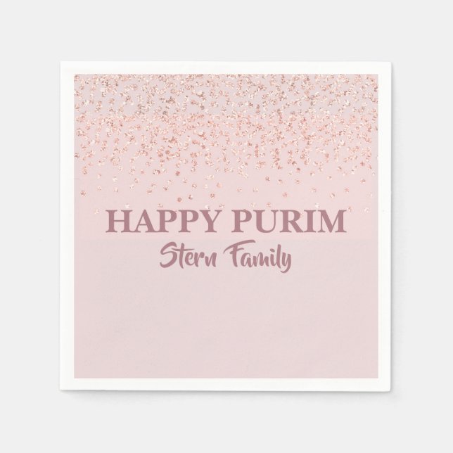 Elegant Rose Gold Glitter Dust Happy Purim  Napkin (Front)