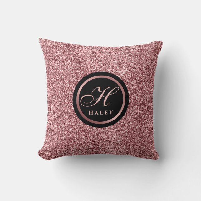 Elegant Rose Gold Glitter Effect Monogram Initial Cushion (Front)