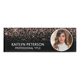 Elegant Rose Gold Glitter Employee Photo ID Black Name Tag