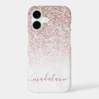 Elegant Rose Gold Glitter Fade Marble Monogram Cas