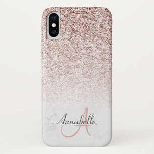 Elegant Rose Gold Glitter Fade Marble Monogram iPhone X Case