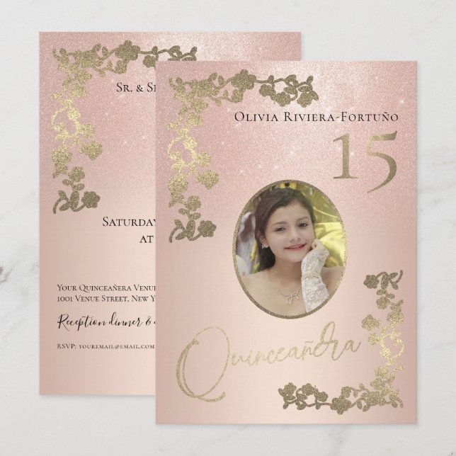 Elegant Rose Gold Glitter Floral Photo Quinceanera Invitation (Front/Back)