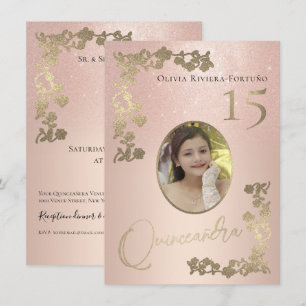 Elegant Rose Gold Glitter Floral Photo Quinceanera Invitation