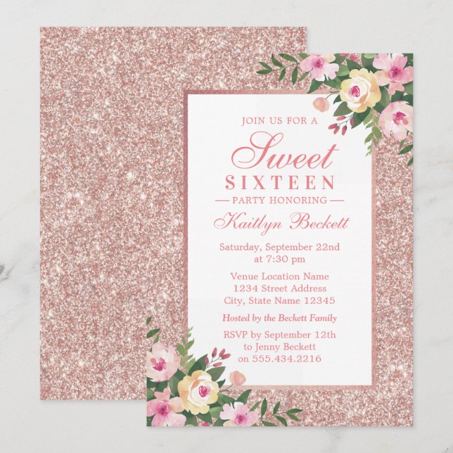Elegant Rose Gold Glitter Floral Sweet 16 Birthday Invitation (Front/Back)