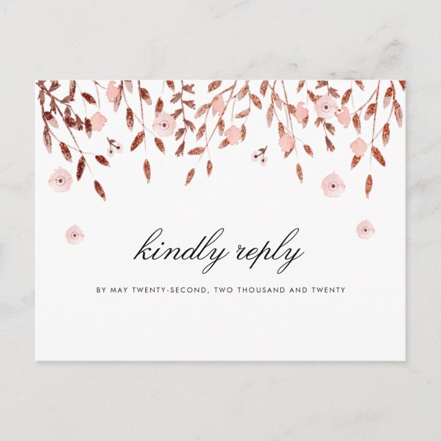 Elegant Rose Gold Glitter | Floral Wedding RSVP Invitation Postcard (Front)