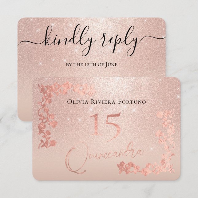 Elegant Rose Gold Glitter Foil Floral Quinceanera RSVP Card (Front/Back)