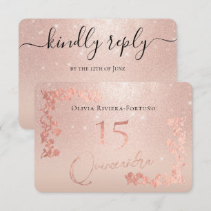 Elegant Rose Gold Glitter Foil Floral Quinceanera RSVP Card
