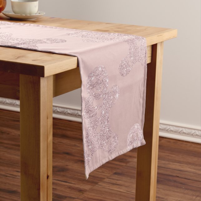 Elegant Rose Gold Glitter Gingerbread Man Pattern Short Table Runner (In Situ)