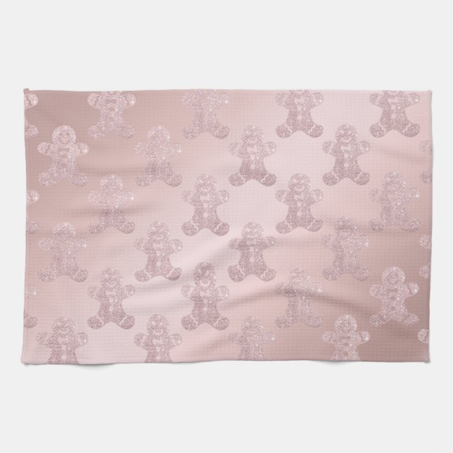 Elegant Rose Gold Glitter Gingerbread Man Pattern Tea Towel (Horizontal)