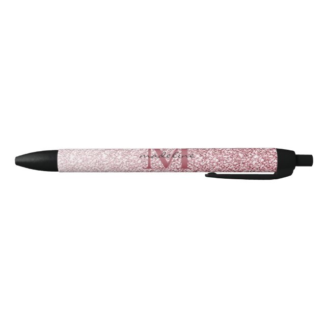 Elegant Rose Gold Glitter Girly Monogram Black Ink Pen (Bottom)