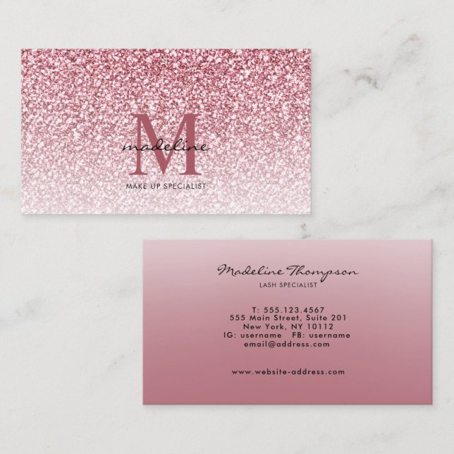 Elegant Rose Gold Glitter Girly Monogram Business Card (Front/Back)