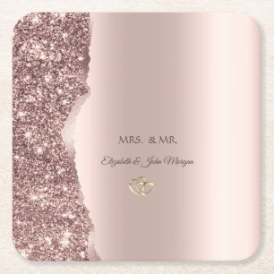 Elegant Rose Gold Glitter Gold Rings Square Paper Coaster