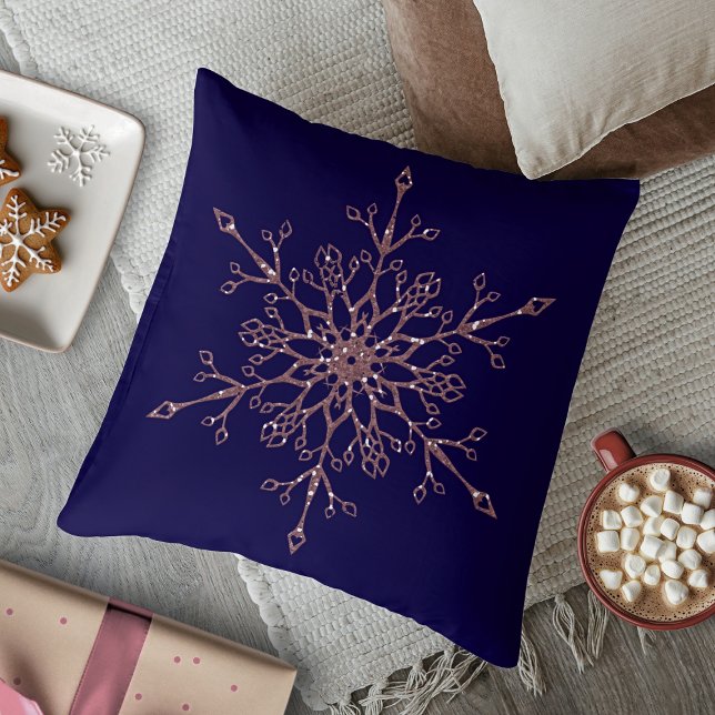 Elegant Rose Gold Glitter Holiday Snowflake Navy Cushion (Elegant Rose Gold Glitter Holiday Snowflake Navy Throw Pillow)
