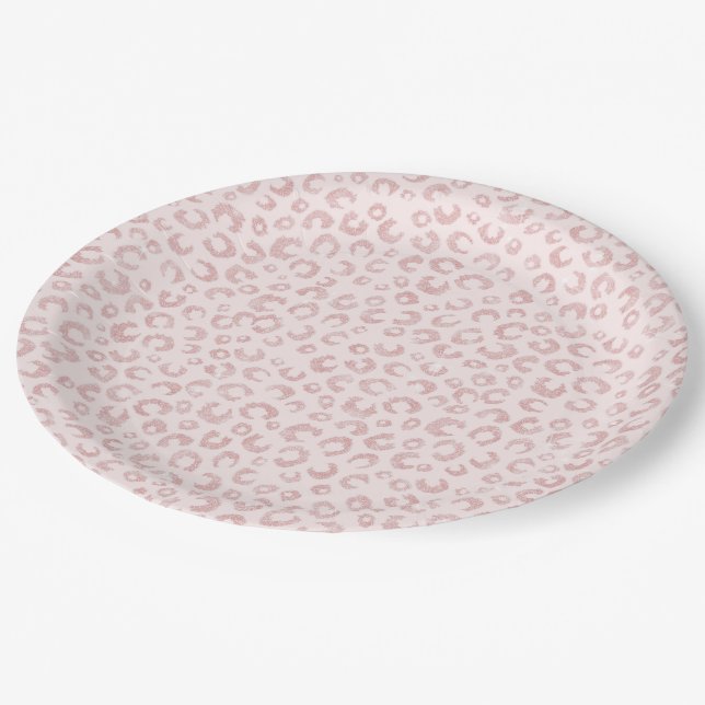 Elegant Rose Gold Glitter Leopard Pattern Paper Plate (Angled)