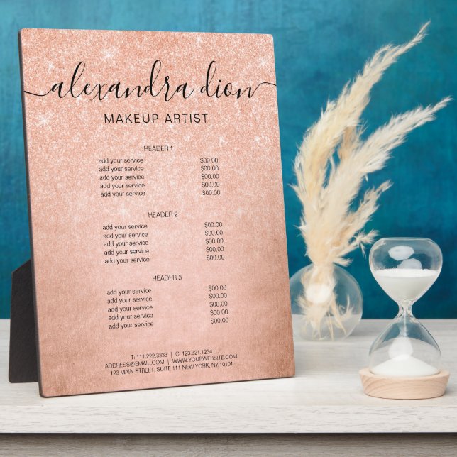 Elegant rose gold glitter makeup artist services plaque (Side)