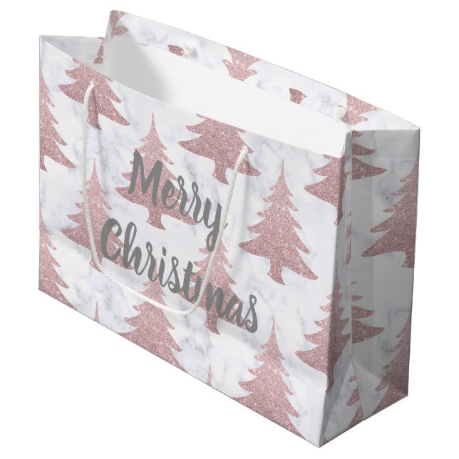 Elegant Rose Gold Glitter &  Marble Christmas Tree Large Gift Bag (Front Angled)