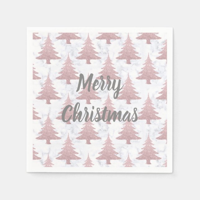 Elegant Rose Gold Glitter &  Marble Christmas Tree Napkin (Front)