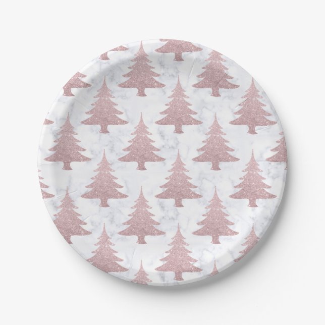 Elegant Rose Gold Glitter &  Marble Christmas Tree Paper Plate (Front)