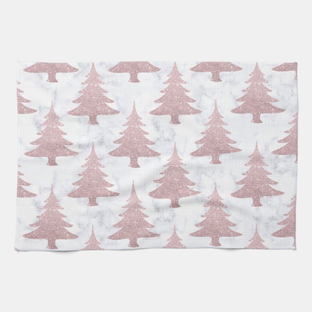 Elegant Rose Gold Glitter &  Marble Christmas Tree Tea Towel (Horizontal)