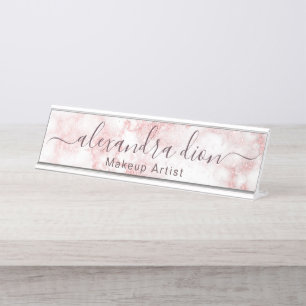 Elegant rose gold glitter marble makeup artist desk name plate