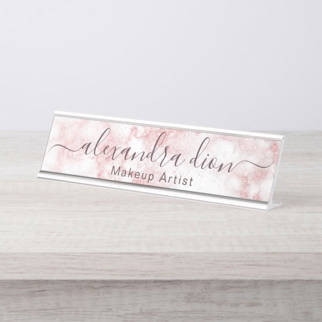 Elegant rose gold glitter marble makeup artist desk name plate (Front)