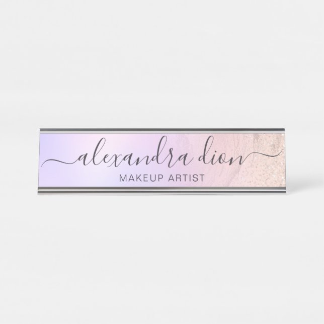 Elegant rose gold glitter marble makeup artist desk name plate (Front)